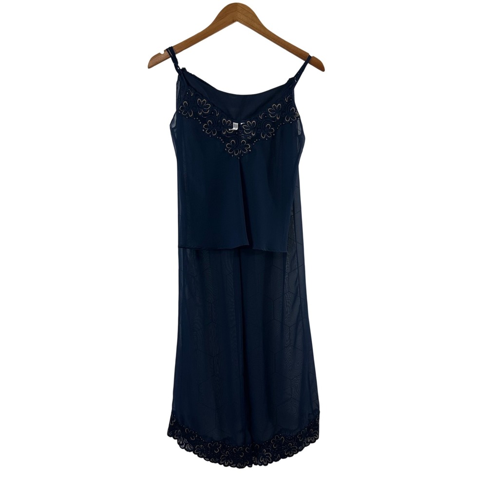 Willow‎ Blossom Navy Blue Sheer Mesh Lace Pajama Set Small Cami Wide Leg Pants